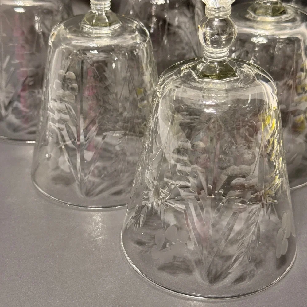 Vintage Libbey Rock Sharpe Crystal Wine Glass Water Goblet Set 6 Etched Floral